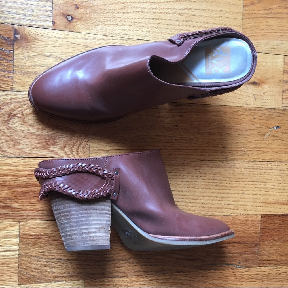 Camel brown slip on heeled braided booties